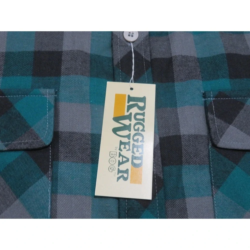 Vtg Rugged Wear BOG Flannel Shirt Jacket Mens Large Green Plaid Quilted Lined